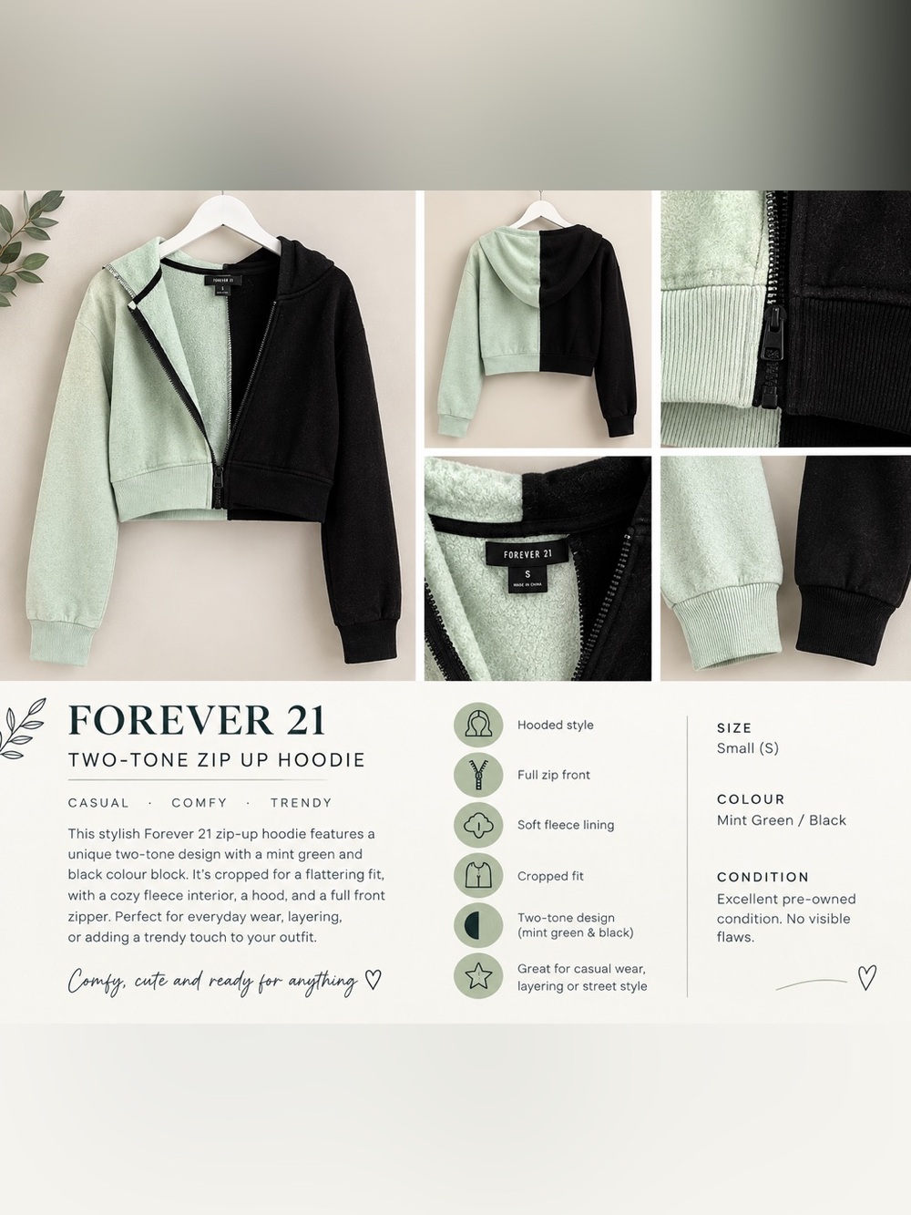 Forever 21 Mint Green & Black Cropped Zip Hoodie - Kids